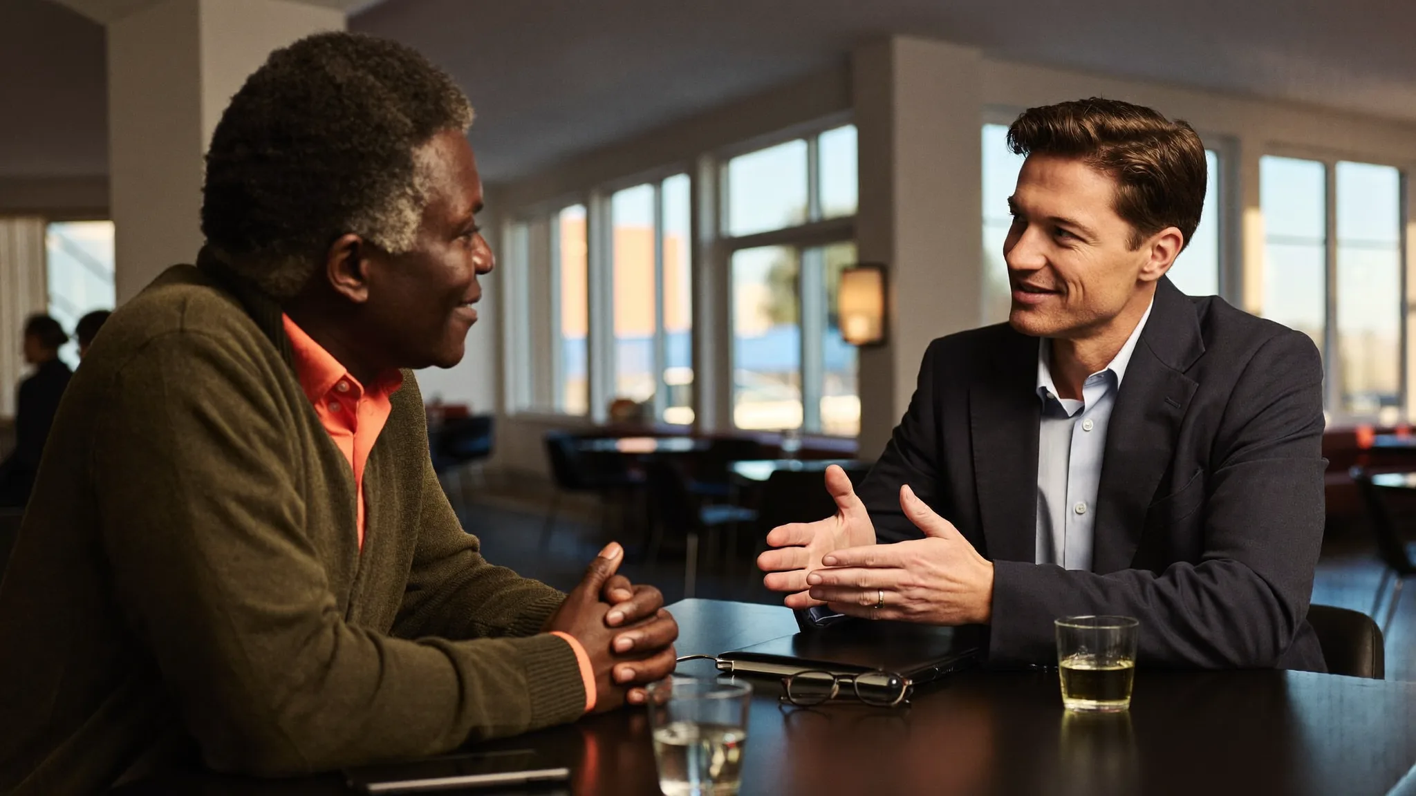 A camera moves through a busy networking event and settles on two business owners talking at a table